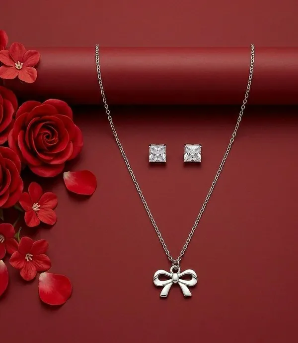 Silver_Tone_Bow_Pendant_Necklace_And_Stud_Earrings_Set_For_Women