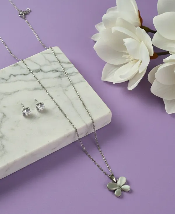 Silver_Tone_Butterfly_Pendant_Necklace_And_Stud_Earrings_Set_For_Women