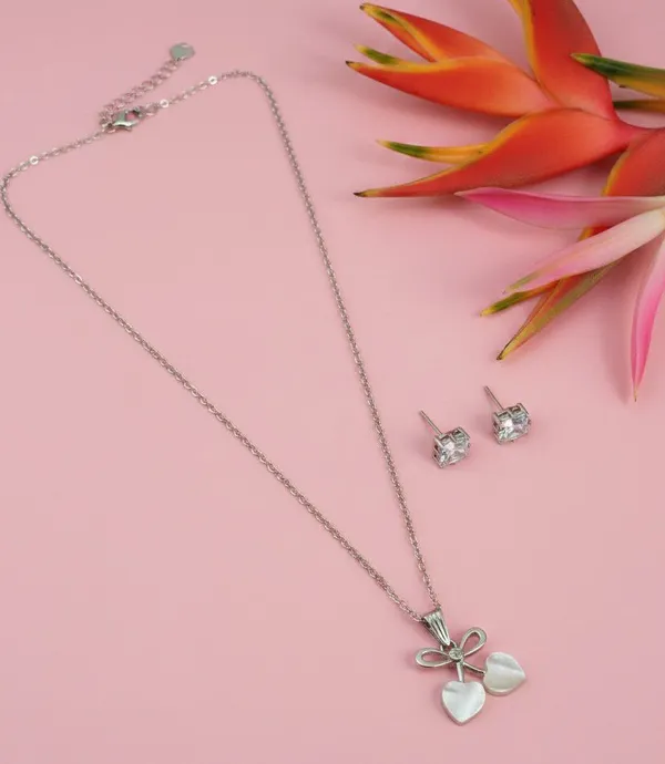 Silver_Tone_Bow_Heart_Charm_Pendant_Jewellery_Set_For_Women
