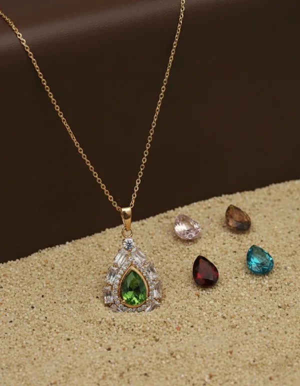 Gold_Tone_Green_Teardrop_Stone_Pendant_Necklace_Set_For_Women