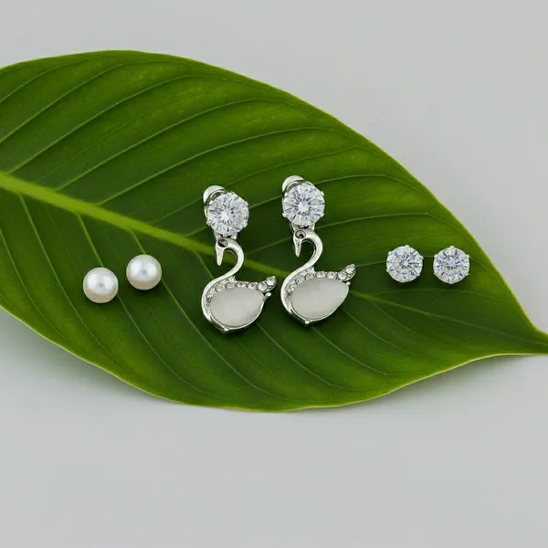 Silver_Tone_Crystal_Swan_Pearl_Drop_Earring_Set_For_Women