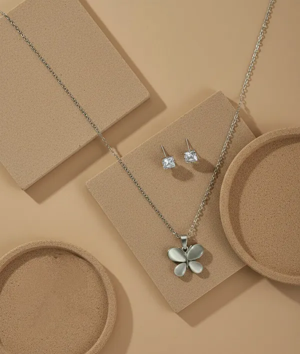 Silver_Tone_Butterfly_Pendant_Necklace_And_Stud_Earrings_Set_For_Women