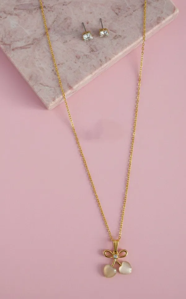 Gold_Tone_Bow_Pendant_Necklace_And_Stud_Earrings_Set_For_Women