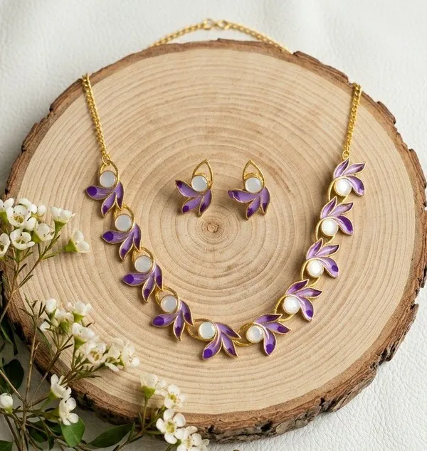 Purple_Gold_Tone_Floral_Necklace_And_Earring_Set_For_Women