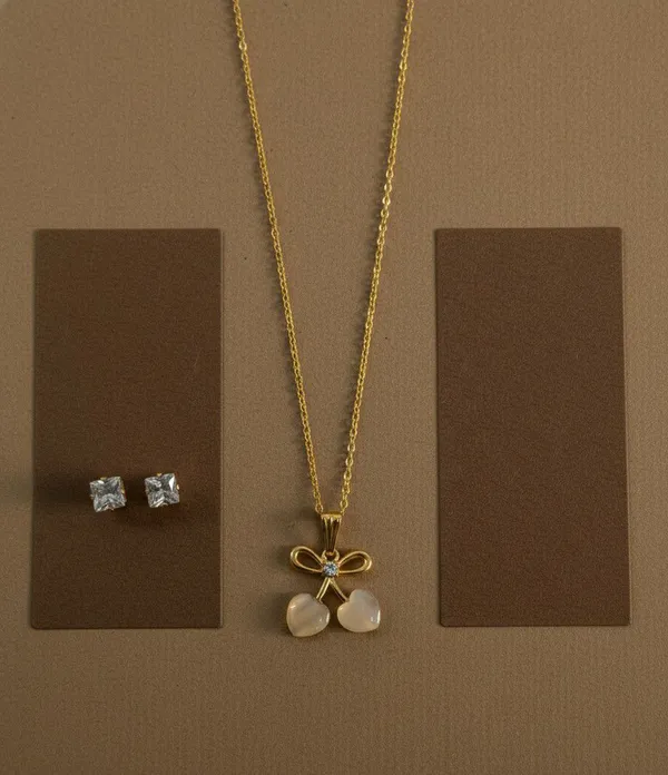 Gold_Tone_Bow_Pendant_Necklace_And_Stud_Earrings_Set_For_Women