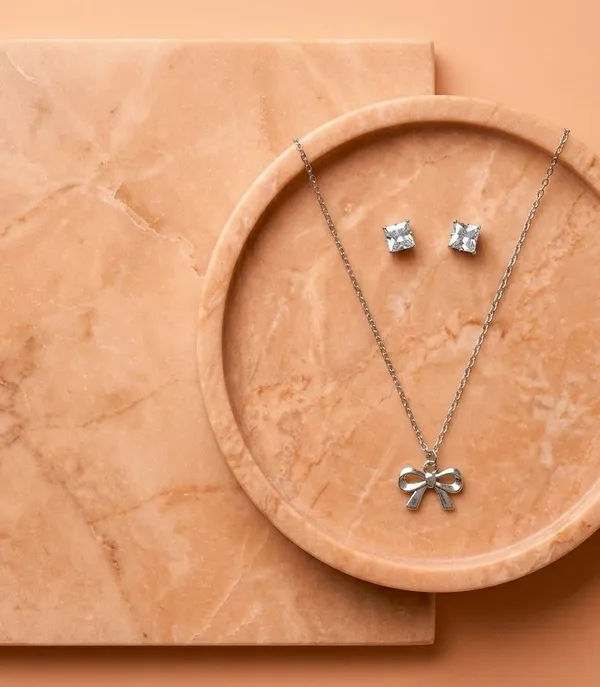 Silver_Tone_Bow_Pendant_Necklace_And_Stud_Earrings_Set_For_Women