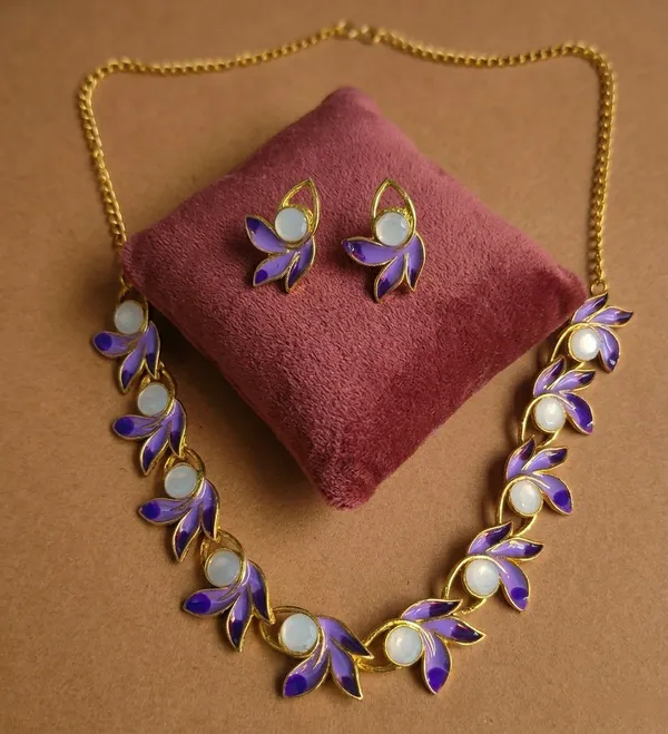 Purple_Gold_Tone_Floral_Necklace_And_Earring_Set_For_Women