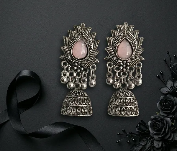 Silver_Oxidised_Pink_Stone_Sunburst_Jhumka_Earrings_For_Women
