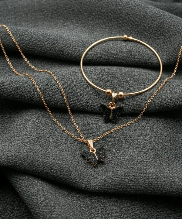 Gold_Tone_Black_Butterfly_Pendant_Necklace_And_Bracelet_Set_For_Women