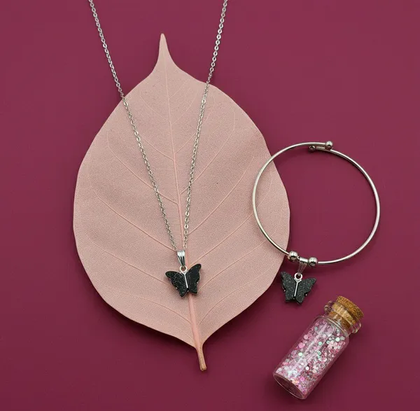 Silver_Tone_Butterfly_Charm_Necklace_And_Bracelet_Set_For_Women