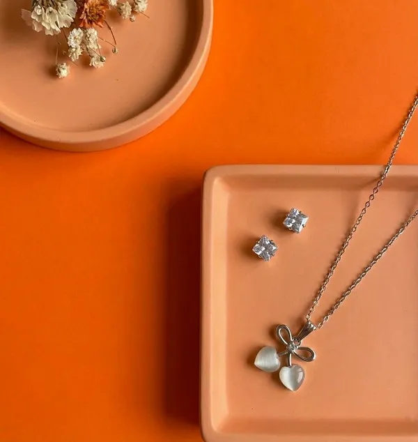 Silver_Tone_Bow_Heart_Charm_Pendant_Jewellery_Set_For_Women