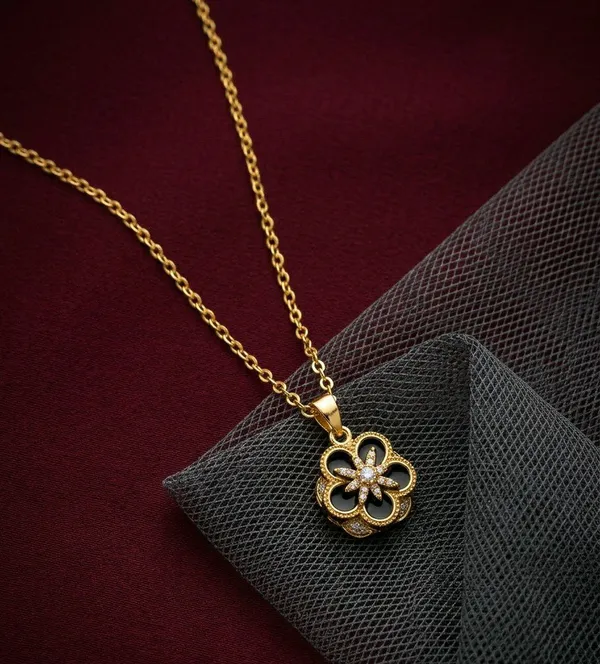 Gold_Tone_Black_Floral_Pendant_Necklace_For_Women