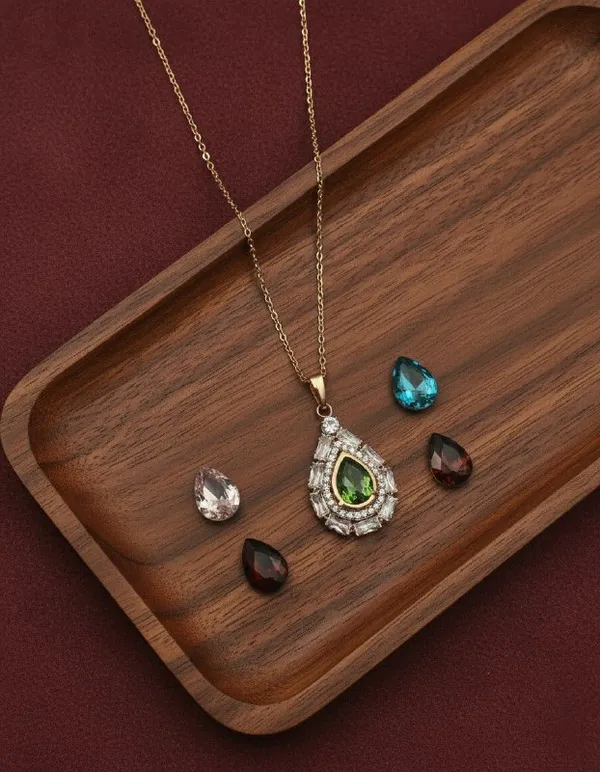 Gold_Tone_Green_Teardrop_Stone_Pendant_Necklace_Set_For_Women