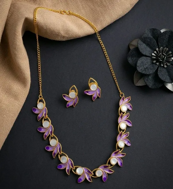 Purple_Gold_Tone_Floral_Necklace_And_Earring_Set_For_Women