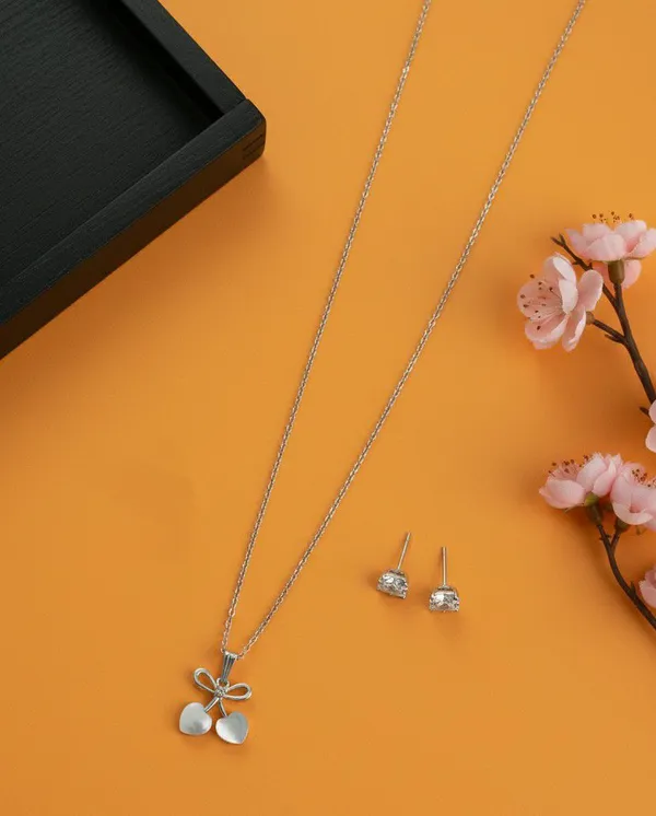 Silver_Tone_Bow_Heart_Charm_Pendant_Jewellery_Set_For_Women