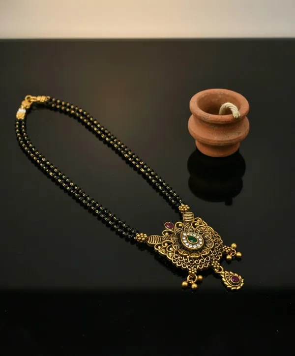 Black_Beaded_Gold_Tone_Floral_Pendant_Mangalsutra_Necklace_For_Women