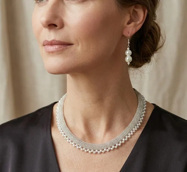 White_Pearl_Beaded_Silver_Tone_Necklace_And_Earrings_Set_For_Women