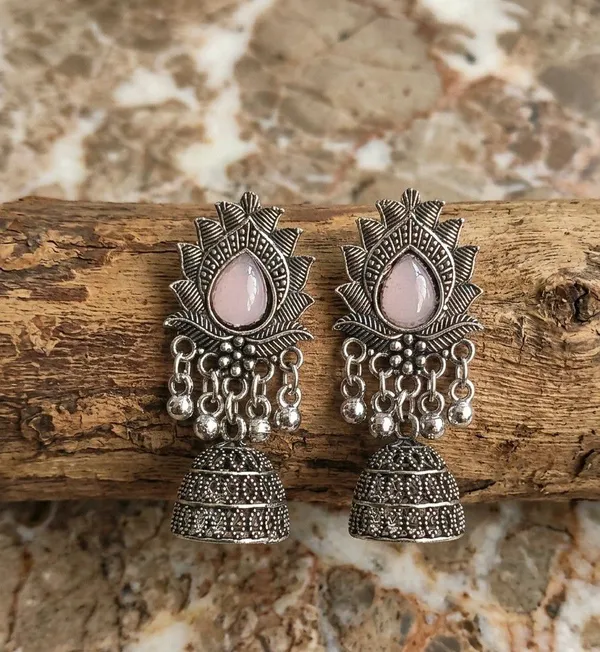 Silver_Oxidised_Pink_Stone_Sunburst_Jhumka_Earrings_For_Women
