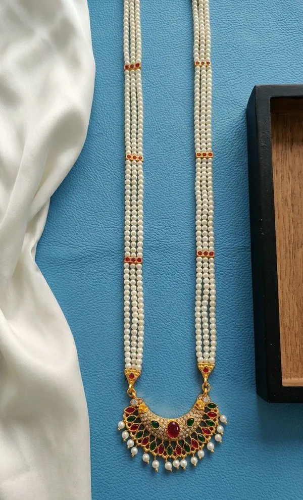 Silver_Tone_Pearl_Strand_Stone_Pendant_Necklace_For_Women