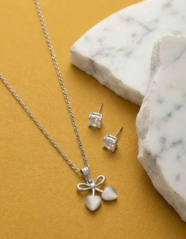 Silver_Tone_Bow_Heart_Charm_Pendant_Jewellery_Set_For_Women