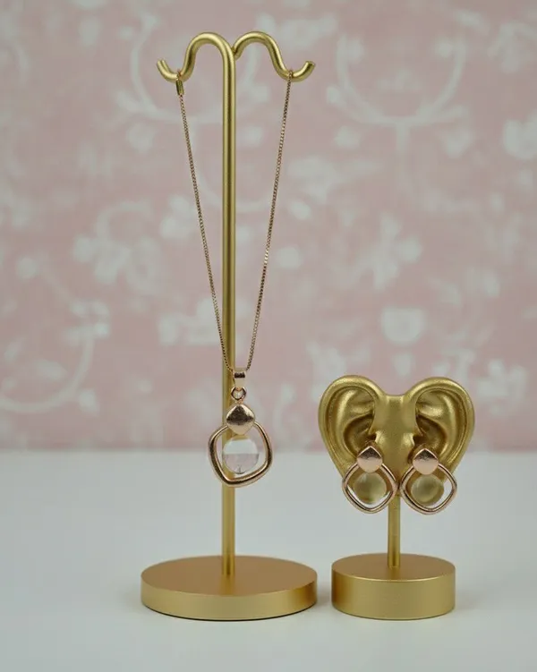Gold_Tone_Geometric_Stone_Pendant_Necklace_And_Earrings_Set_For_Women