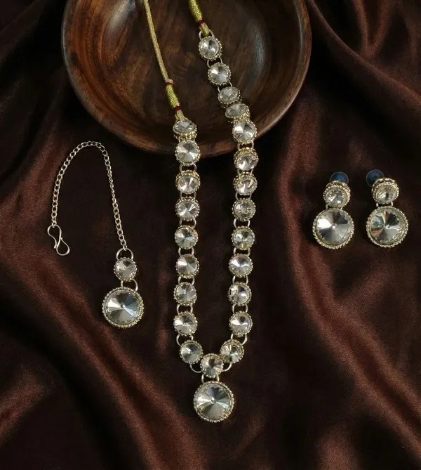 White_Stone_Studded_Gold_Tone_Necklace_Maang_Tikka_Set_For_Women