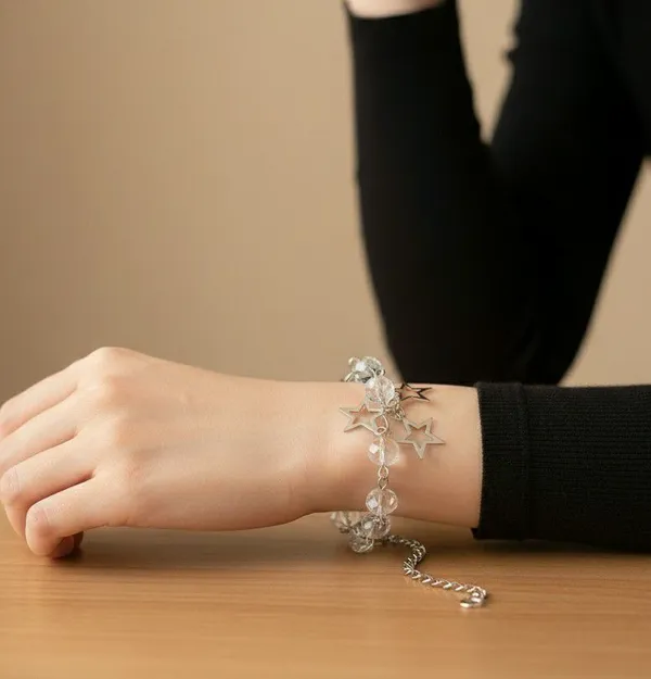 Silver_Tone_Clear_Beaded_Star_Charm_Bracelet_For_Women