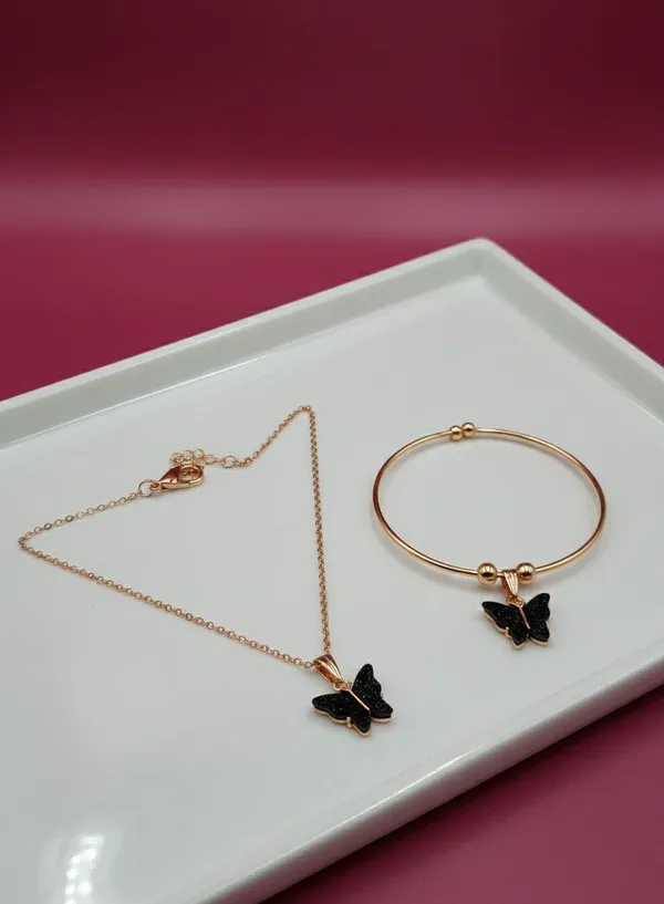 Gold_Tone_Black_Butterfly_Pendant_Necklace_And_Bracelet_Set_For_Women