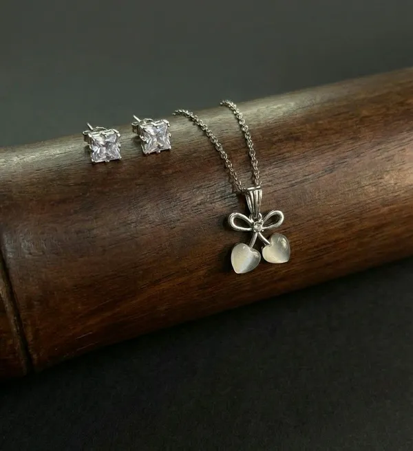 Silver_Tone_Bow_Heart_Charm_Pendant_Jewellery_Set_For_Women