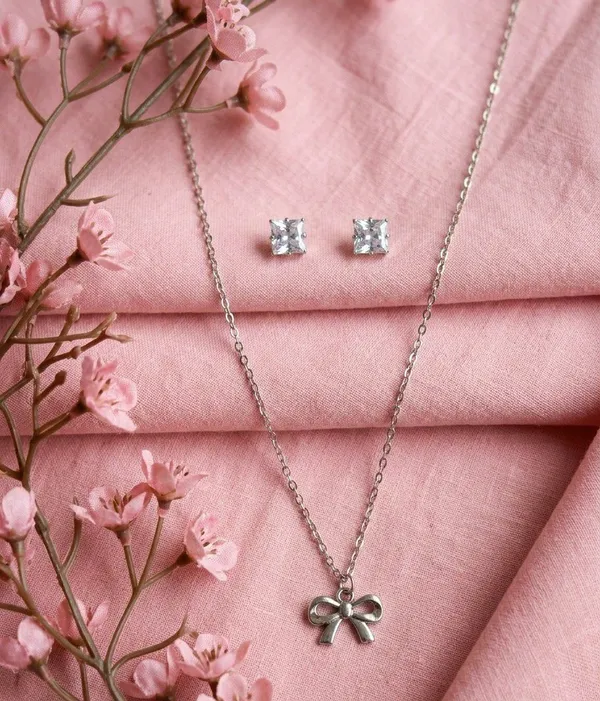 Silver_Tone_Bow_Pendant_Necklace_And_Stud_Earrings_Set_For_Women