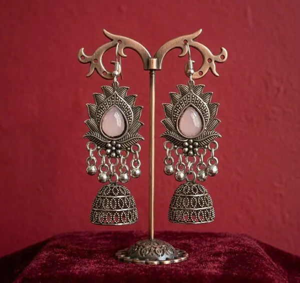Silver_Oxidised_Pink_Stone_Sunburst_Jhumka_Earrings_For_Women