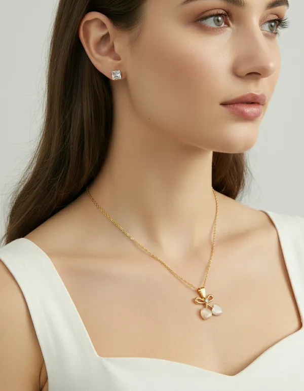 Gold_Tone_Bow_Pendant_Necklace_And_Stud_Earrings_Set_For_Women