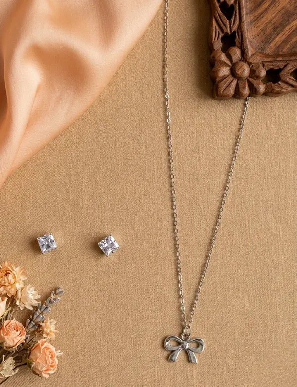 Silver_Tone_Bow_Pendant_Necklace_And_Stud_Earrings_Set_For_Women
