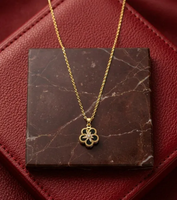 Gold_Tone_Black_Floral_Pendant_Necklace_For_Women