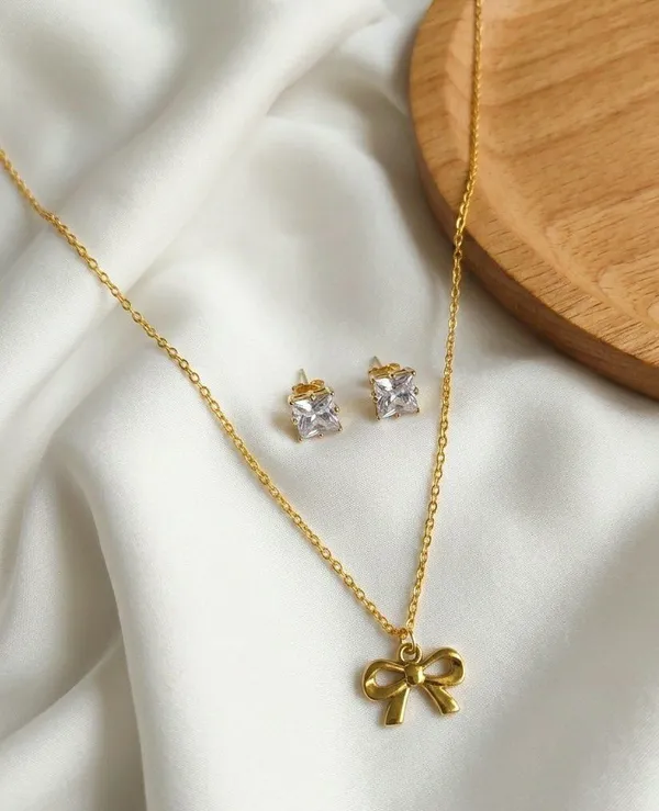 Gold_Tone_Bow_Pendant_Necklace_And_Stud_Earrings_Set_For_Women