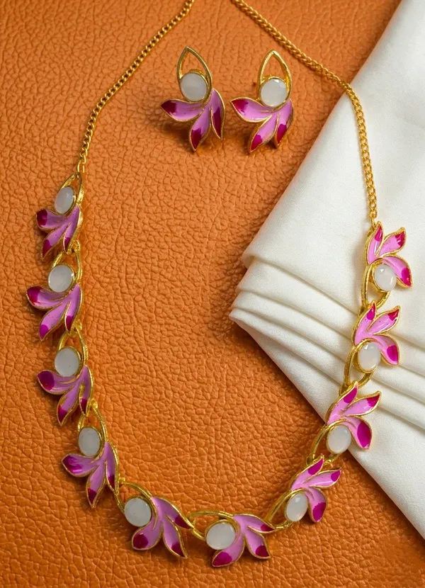 Pink_Gold_Tone_Floral_Necklace_Set_For_Women