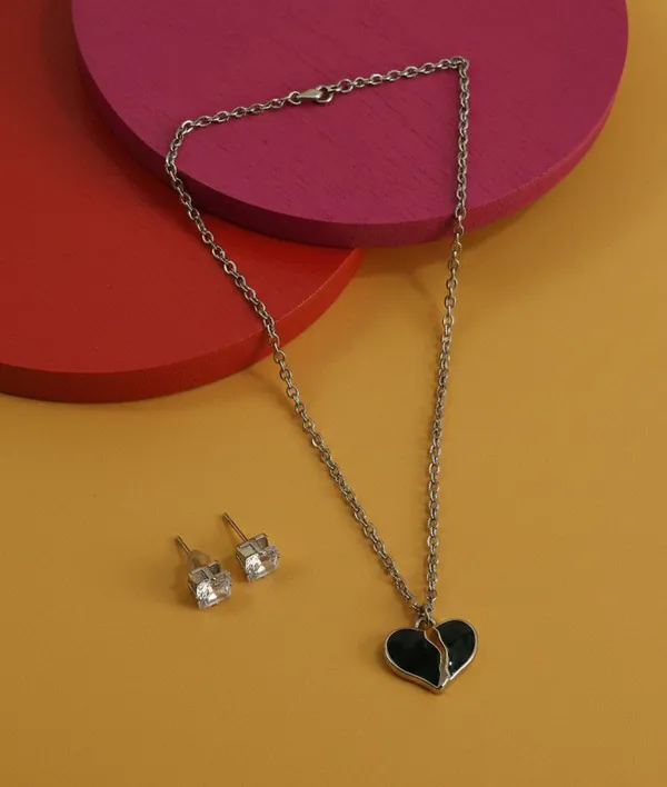 Silver_Tone_Black_Heart_Pendant_Necklace_And_Studs_Set_For_Women