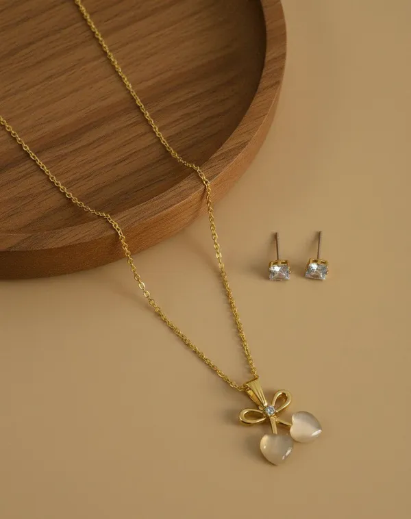 Gold_Tone_Bow_Pendant_Necklace_And_Stud_Earrings_Set_For_Women