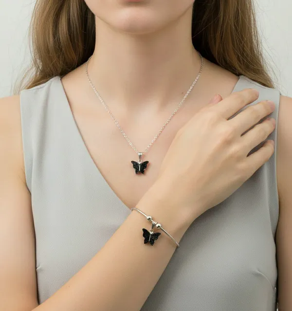 Silver_Tone_Butterfly_Charm_Necklace_And_Bracelet_Set_For_Women