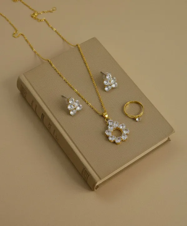 Gold_Tone_Floral_Crystal_Pendant_Necklace_Earrings_Ring_Set_For_Women