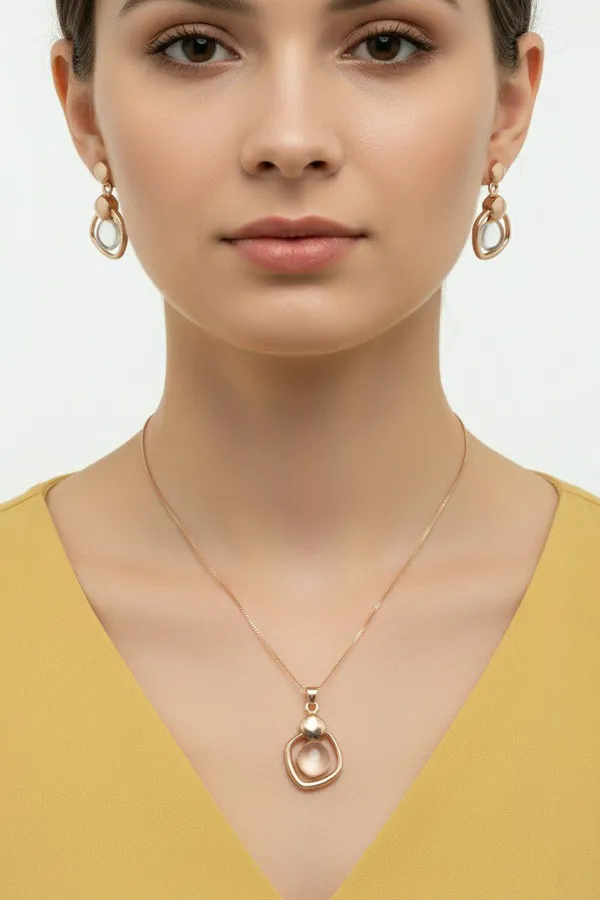 Gold_Tone_Geometric_Stone_Pendant_Necklace_And_Earrings_Set_For_Women