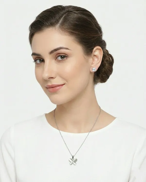 Silver_Tone_Butterfly_Pendant_Necklace_And_Stud_Earrings_Set_For_Women