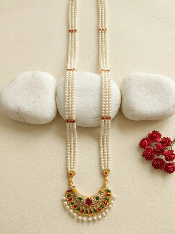 Silver_Tone_Pearl_Strand_Stone_Pendant_Necklace_For_Women