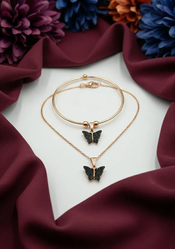Gold_Tone_Black_Butterfly_Pendant_Necklace_And_Bracelet_Set_For_Women