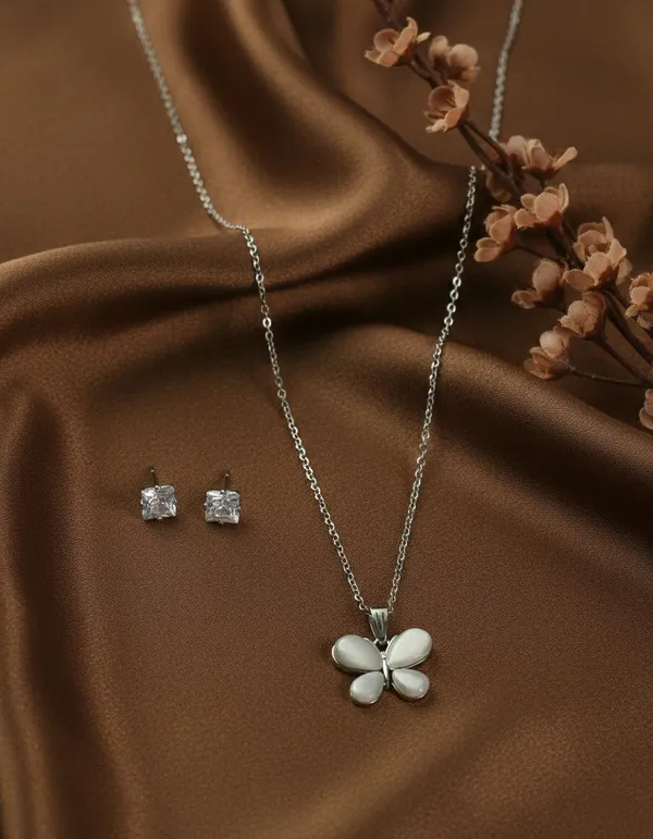 Silver_Tone_Butterfly_Pendant_Necklace_And_Stud_Earrings_Set_For_Women