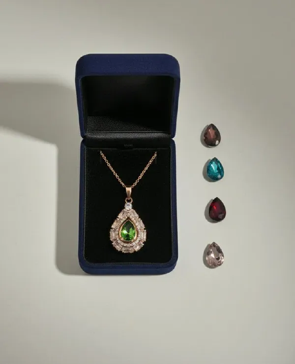 Gold_Tone_Green_Teardrop_Stone_Pendant_Necklace_Set_For_Women