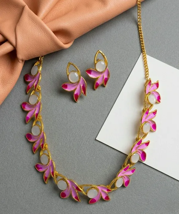 Pink_Gold_Tone_Floral_Necklace_Set_For_Women
