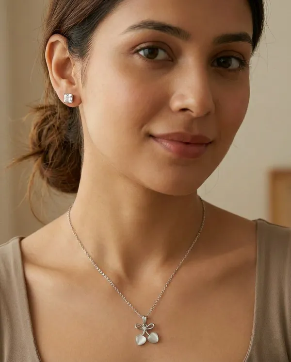 Silver_Tone_Bow_Heart_Charm_Pendant_Jewellery_Set_For_Women