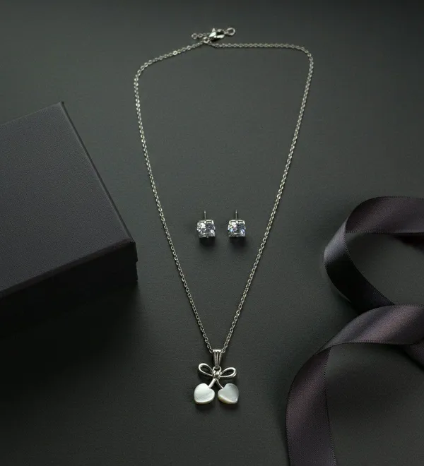 Silver_Tone_Bow_Heart_Charm_Pendant_Jewellery_Set_For_Women
