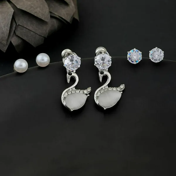 Silver_Tone_Crystal_Swan_Pearl_Drop_Earring_Set_For_Women